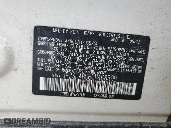 2012 Subaru Forester X with VIN JF2SHABC6CH468899, listed as a Copart auction lot 47403505 with 165,044 mi miles and Salvage Title. Bid and sale history available at DreamBid. Image 12.