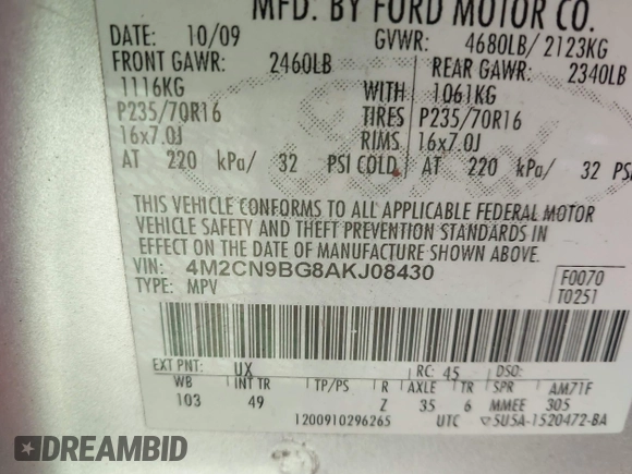 2010 Mercury Mariner с VIN 4M2CN9BG8AKJ08430, выставлен на аукционе IAAI как лот 42550706 с пробегом 169 069 миль миль и . История ставок и продаж доступна на DreamBid. Изображение 9.
