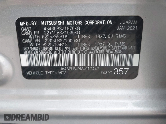 2021 Mitsubishi Outlander Sport ES with VIN JA4ARUAUXMU017447, listed as a IAAI auction lot 40863896 with 83,627 mi miles. Bid and sale history available at carsss.com. Image 9.