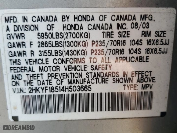 2004 Honda Pilot EX with VIN 2HKYF18514H503665, listed as a Copart auction lot 46651875 with 166,751 mi miles and Clean Title. Bid and sale history available at carsss.com. Image 13.