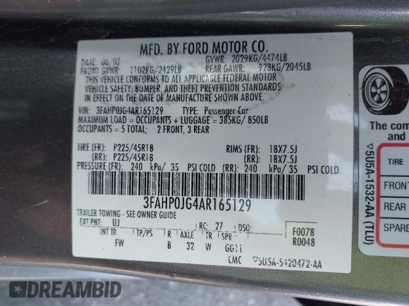 2010 Ford Fusion SEL with VIN 3FAHP0JG4AR165129, listed as a IAAI auction lot 41871968 with 171,211 mi miles. Bid and sale history available at carsss.com. Image 9.