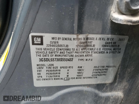 2008 Saturn VUE z VIN 3GSDL93738S550422, wystawiony jako Copart lot #56958935 z przebiegiem 165 007 mil mil oraz Czysty tytuł • Clean title. Historia ofert i sprzedaży dostępna na DreamBid. Obrazek 13.