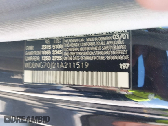 2001 Mercedes-Benz S 320/430/500 with VIN WDBNG70J21A211519, listed as a IAAI auction lot 42170604 with 99,041 mi miles and . Bid and sale history available at carsss.com. Image 9.