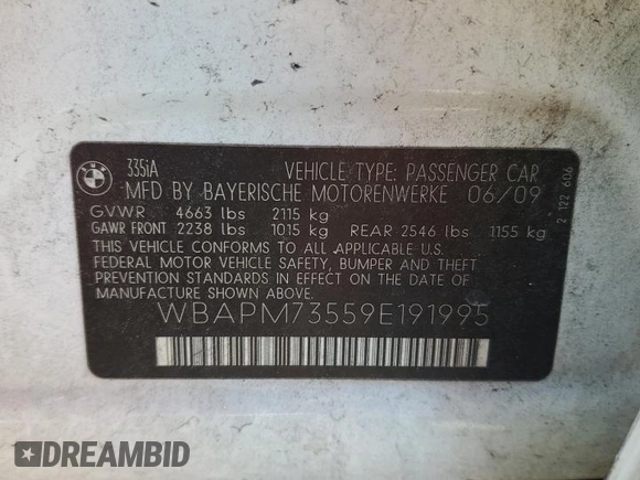 2009 BMW 3 Series 335i with VIN WBAPM73559E191995, listed as a Copart auction lot 48513075 with 150,056 mi miles and Salvage title. Bid and sale history available at DreamBid. Image 12.