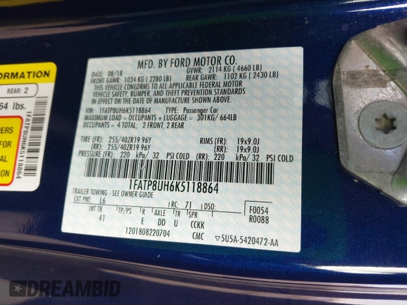 2019 Ford Mustang EcoBoost with VIN 1FATP8UH6K5118864, listed as a IAAI auction lot 41461842 with Not Provided miles. Bid and sale history available at carsss.com. Image 9.