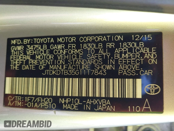 2016 Toyota Prius One with VIN JTDKDTB35G1117843, listed as a IAAI auction lot 42094220 with 275,814 mi miles. Bid and sale history available at carsss.com. Image 9.