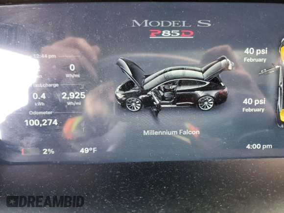 2014 Tesla Model S P85D with VIN 5YJSA1H28EFP63765, listed as a Copart auction lot 50241385 with 100,274 mi miles and Salvage Title. Bid and sale history available at DreamBid. Image 9.