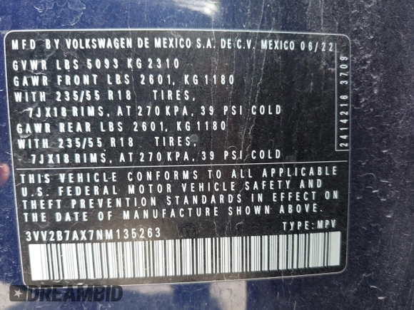 2022 Volkswagen Tiguan SE с VIN 3VV2B7AX7NM135263, выставлен на аукционе IAAI как лот 42632738 с пробегом 35 378 миль миль и . История ставок и продаж доступна на DreamBid. Изображение 9.