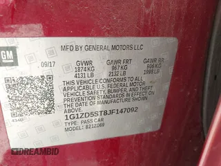 2018 Chevrolet Malibu LT with VIN 1G1ZD5ST8JF147092, listed as a IAAI auction lot 41980519 with Not Provided miles and . Bid and sale history available at carsss.com. Image 9.