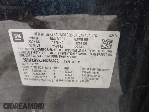 2014 Chevrolet Equinox LT with VIN 2GNFLGEK2E6253072, listed as a IAAI auction lot 41965164 with 200,470 mi miles. Bid and sale history available at carsss.com. Image 9.