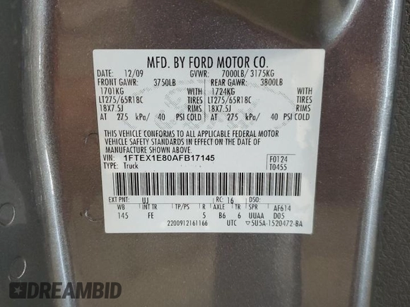 2010 Ford F-150 XL z VIN 1FTEX1E80AFB17145, wystawiony jako Copart lot #56882925 z przebiegiem 101 685 mil mil oraz Nie do naprawy • Non repairable. Historia ofert i sprzedaży dostępna na DreamBid. Obrazek 12.