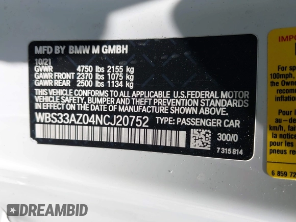 2022 BMW M4 Competition z VIN WBS33AZ04NCJ20752, wystawiony jako IAAI lot #42153801 z przebiegiem 9 523 mil mil oraz . Historia ofert i sprzedaży dostępna na DreamBid. Obrazek 9.