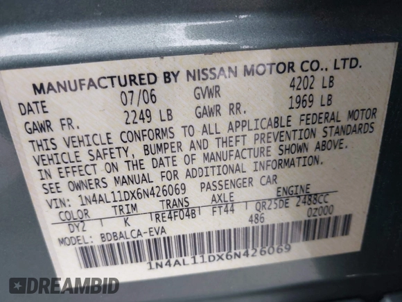 2006 Nissan Altima S with VIN 1N4AL11DX6N426069, listed as a IAAI auction lot 42057850 with 44,554 mi miles and . Bid and sale history available at DreamBid. Image 9.
