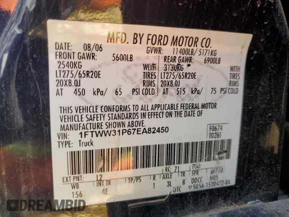 2007 Ford F-350 XL with VIN 1FTWW31P67EA82450, listed as a Copart auction lot 49995434 with 89,299 mi miles and Clean title. Bid and sale history available at DreamBid. Image 12.