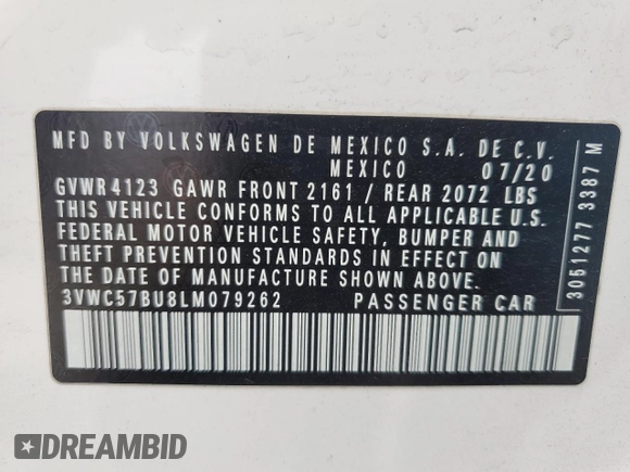 2020 Volkswagen Jetta S z VIN 3VWC57BU8LM079262, wystawiony jako Copart lot #60358755 z przebiegiem 44 514 mil mil oraz Nie do naprawy • Non repairable. Historia ofert i sprzedaży dostępna na DreamBid. Obrazek 13.