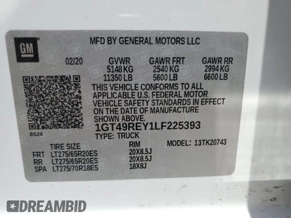 2020 GMC Sierra 2500HD Denali z VIN 1GT49REY1LF225393, wystawiony jako Copart lot #52556145 z przebiegiem Nie podano mil oraz Szkoda całkowita • Salvage title. Historia ofert i sprzedaży dostępna na DreamBid. Obrazek 14.