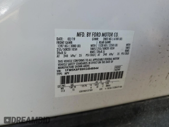 2019 Ford Explorer Limited with VIN 1FM5K8F89KGB48844, listed as a Copart auction lot 61423955 with 161,762 mi miles and Salvage title. Bid and sale history available at DreamBid. Image 12.