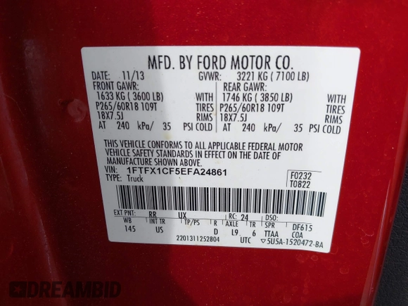2014 Ford F-150 XL with VIN 1FTFX1CF5EFA24861, listed as a IAAI auction lot 42211447 with 129,867 mi miles and . Bid and sale history available at DreamBid. Image 9.