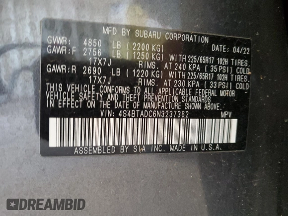2022 Subaru Outback Premium с VIN 4S4BTADC6N3237362, выставлен на аукционе Copart как лот 55984625 с пробегом 42 957 миль миль и Списание • Salvage title. История ставок и продаж доступна на DreamBid. Изображение 14.