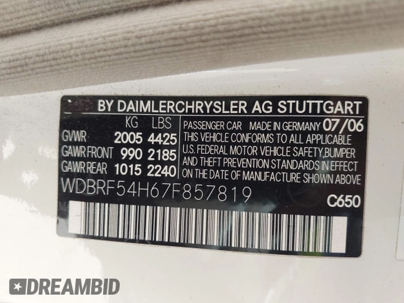 2007 Mercedes-Benz C 280 Luxury with VIN WDBRF54H67F857819, listed as a IAAI auction lot 42606564 with 65,107 mi miles and . Bid and sale history available at DreamBid. Image 9.