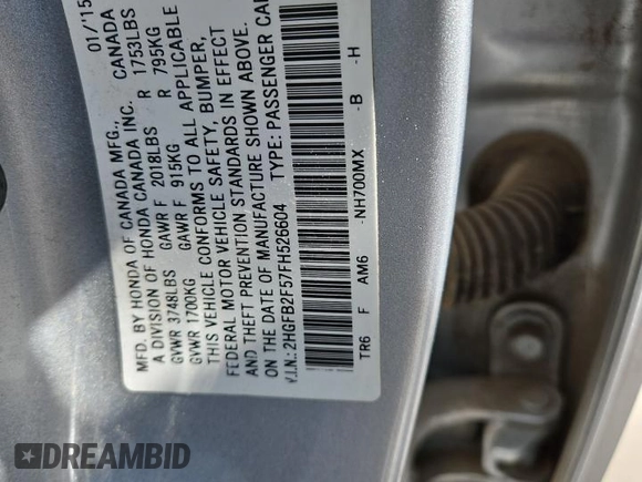 2015 Honda Civic LX with VIN 2HGFB2F57FH526604, listed as a Copart auction lot 53950585 with Not Provided miles and Clean Title. Bid and sale history available at DreamBid. Image 12.