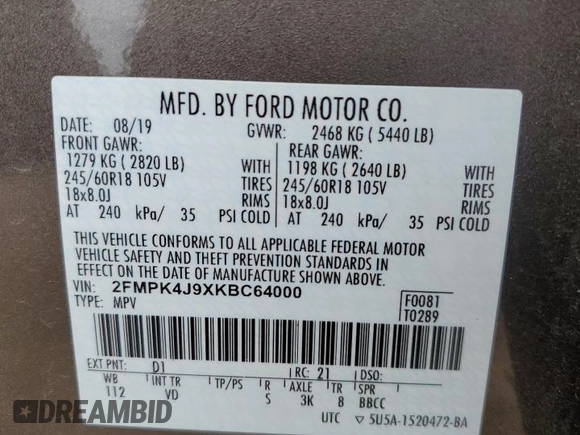 2019 Ford Edge SEL with VIN 2FMPK4J9XKBC64000, listed as a Copart auction lot 56678125 with Not provided miles and Salvage title. Bid and sale history available at DreamBid. Image 13.
