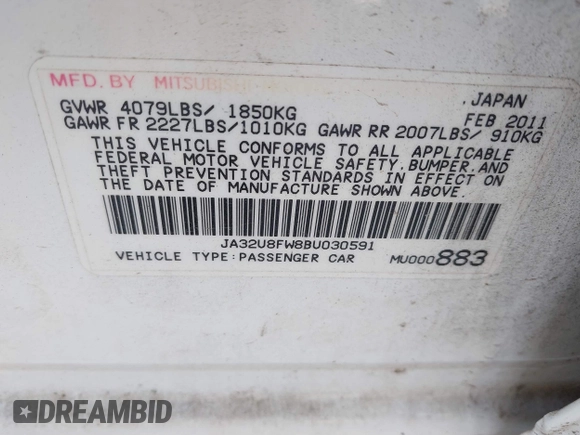 2011 Mitsubishi Lancer GTS with VIN JA32U8FW8BU030591, listed as a IAAI auction lot 42226736 with 110,010 mi miles and . Bid and sale history available at DreamBid. Image 9.