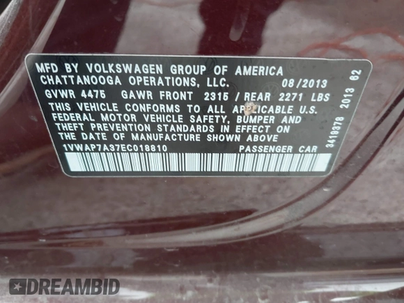 2014 Volkswagen Passat S z VIN 1VWAP7A37EC018810, wystawiony jako IAAI lot #40968457 z przebiegiem 102 606 mil mil oraz . Historia ofert i sprzedaży dostępna na DreamBid. Obrazek 9.