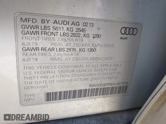 2013 Audi Q5 Premium Plus with VIN WA1DGAFP8DA067978, listed as a IAAI auction lot 41886813 with 224,482 mi miles and . Bid and sale history available at DreamBid. Image 9.
