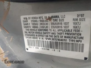 2007 Honda Odyssey EX-L z VIN 5FNRL38757B046761, wystawiony jako IAAI lot #41943033 z przebiegiem 309 270 mil mil oraz . Historia ofert i sprzedaży dostępna na DreamBid. Obrazek 9.