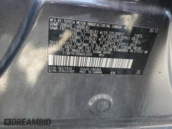 2013 Toyota RAV4 LE with VIN 2T3BFREV9DW043995, listed as a Copart auction lot 62648875 with 160,311 mi miles and Salvage title. Bid and sale history available at DreamBid. Image 13.