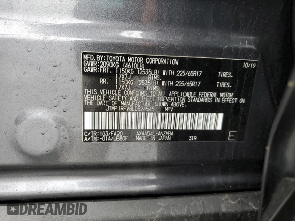 2020 Toyota RAV4 XLE with VIN JTMP1RFV8LD524545, listed as a Copart auction lot 51288835 with 51,129 mi miles and Salvage Title. Bid and sale history available at carsss.com. Image 14.