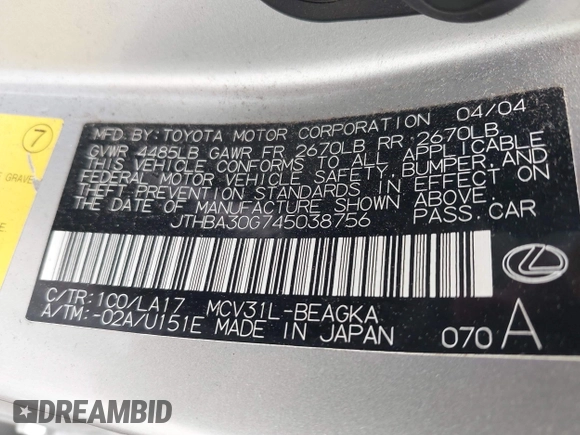 2004 Lexus ES 350 with VIN JTHBA30G745038756, listed as a IAAI auction lot 42254610 with 169,121 mi miles and . Bid and sale history available at DreamBid. Image 9.