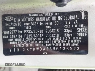 2011 Kia Sorento SX with VIN 5XYKWDA23BG136523, listed as a IAAI auction lot 42113753 with 255,916 mi miles and . Bid and sale history available at carsss.com. Image 9.