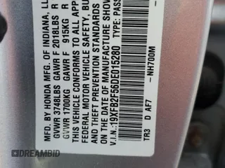 2013 Honda Civic LX с VIN 19XFB2F56DE015280, выставлен на аукционе Copart как лот 79644193 с пробегом 57 161 миль миль и Списание • Salvage title. История ставок и продаж доступна на DreamBid. Изображение 14.