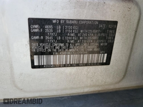 2018 Subaru Outback Premium with VIN 4S4BSACC5J3308548, listed as a Copart auction lot 61794915 with 126,097 mi miles and Salvage title. Bid and sale history available at DreamBid. Image 14.