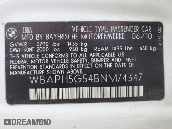 2011 BMW 3 Series 328i with VIN WBAPH5G54BNM74347, listed as a Copart auction lot 53882505 with 96,229 mi miles and Clean Title. Bid and sale history available at carsss.com. Image 13.