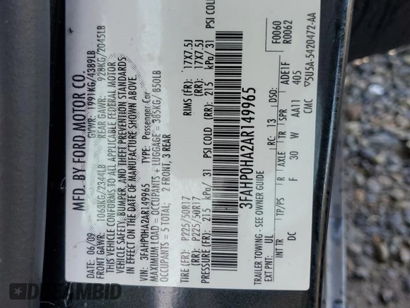 2010 Ford Fusion SE with VIN 3FAHP0HA2AR149965, listed as a Copart auction lot 46038005 with 100,205 mi miles and Salvage Title. Bid and sale history available at carsss.com. Image 14.
