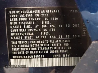 2016 Volkswagen Tiguan S with VIN WVGBV7AXXGW565289, listed as a IAAI auction lot 42113317 with 83,537 mi miles and . Bid and sale history available at DreamBid. Image 9.