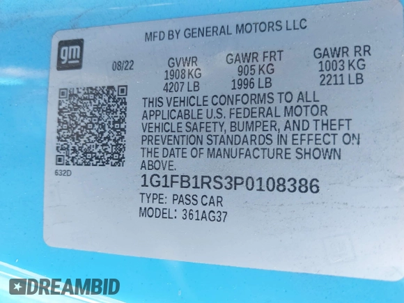 2023 Chevrolet Camaro 1LT с VIN 1G1FB1RS3P0108386, выставлен на аукционе IAAI как лот 42345860 с пробегом 28 488 миль миль и . История ставок и продаж доступна на DreamBid. Изображение 9.