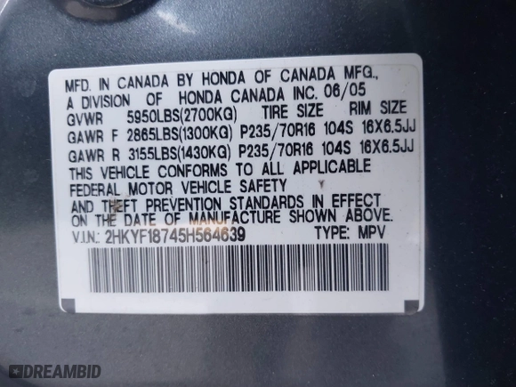 2005 Honda Pilot EX-L with NAVI with VIN 2HKYF18745H564639, listed as a IAAI auction lot 41767115 with 143,725 mi miles. Bid and sale history available at carsss.com. Image 9.