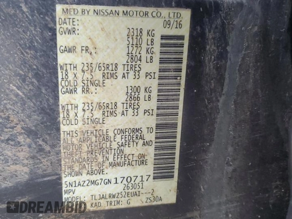 2016 Nissan Murano S with VIN 5N1AZ2MG7GN170717, listed as a Copart auction lot 47201465 with 180,444 mi miles and Salvage Title. Bid and sale history available at carsss.com. Image 14.