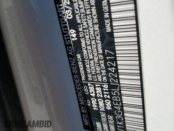 2020 Mercedes-Benz A 220 with VIN W1K3G4EB5LJ224217, listed as a Copart auction lot 52982325 with Not Provided miles and Clean Title. Bid and sale history available at DreamBid. Image 12.