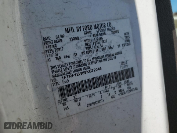 2009 Ford F-150 XL z VIN 1FTRF12W69KB72046, wystawiony jako Copart lot #59799095 z przebiegiem Nie podano mil oraz Szkoda całkowita • Salvage title. Historia ofert i sprzedaży dostępna na DreamBid. Obrazek 12.