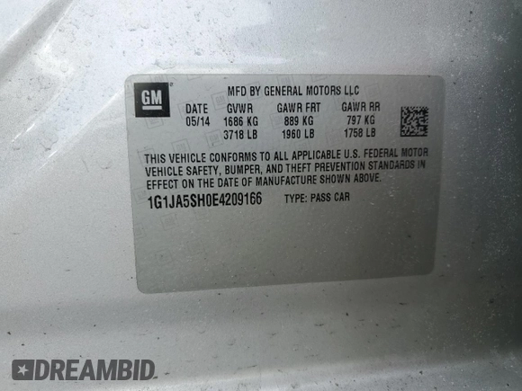 2014 Chevrolet Sonic LS with VIN 1G1JA5SH0E4209166, listed as a Copart auction lot 47402545 with 83,057 mi miles and Salvage title. Bid and sale history available at DreamBid. Image 14.