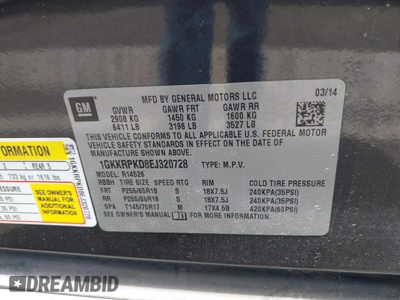 2014 GMC Acadia SLE with VIN 1GKKRPKD8EJ320728, listed as a IAAI auction lot 41958207 with 119,000 mi miles. Bid and sale history available at carsss.com. Image 9.