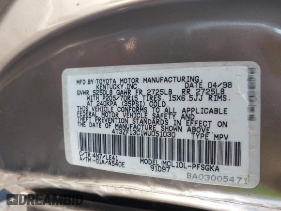 1998 Toyota Sienna LE z VIN 4T3ZF13C1WU051030, wystawiony jako IAAI lot #41259605 z przebiegiem 190 861 mil mil oraz . Historia ofert i sprzedaży dostępna na DreamBid. Obrazek 9.