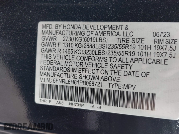 2023 Honda Odyssey Touring with VIN 5FNRL6H81PB068721, listed as a IAAI auction lot 41489618 with 20,202 mi miles and . Bid and sale history available at DreamBid. Image 9.