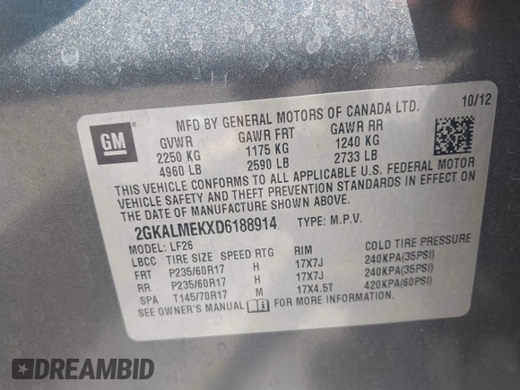 2013 GMC Terrain SLE with VIN 2GKALMEKXD6188914, listed as a IAAI auction lot 42680294 with 124,648 mi miles and . Bid and sale history available at DreamBid. Image 9.