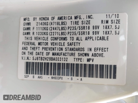 2011 Acura RDX with VIN 5J8TB2H29BA003132, listed as a IAAI auction lot 41495167 with 94,090 mi miles. Bid and sale history available at carsss.com. Image 9.